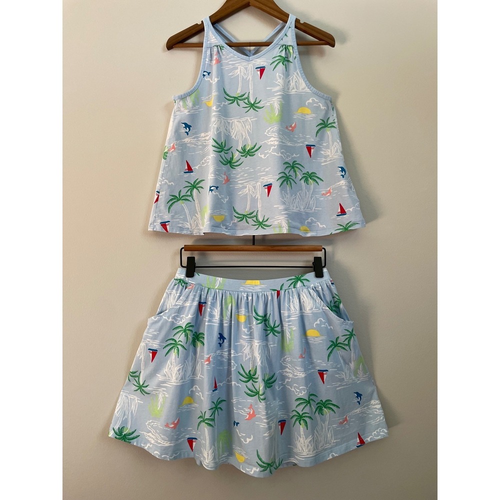 Lands' End Girl's Nautical Tropics Blue Tank & Skirt Set, Built-In Shorts